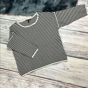Eileen Fisher Black and White Striped Short 3/4 Sleeve Knit Top